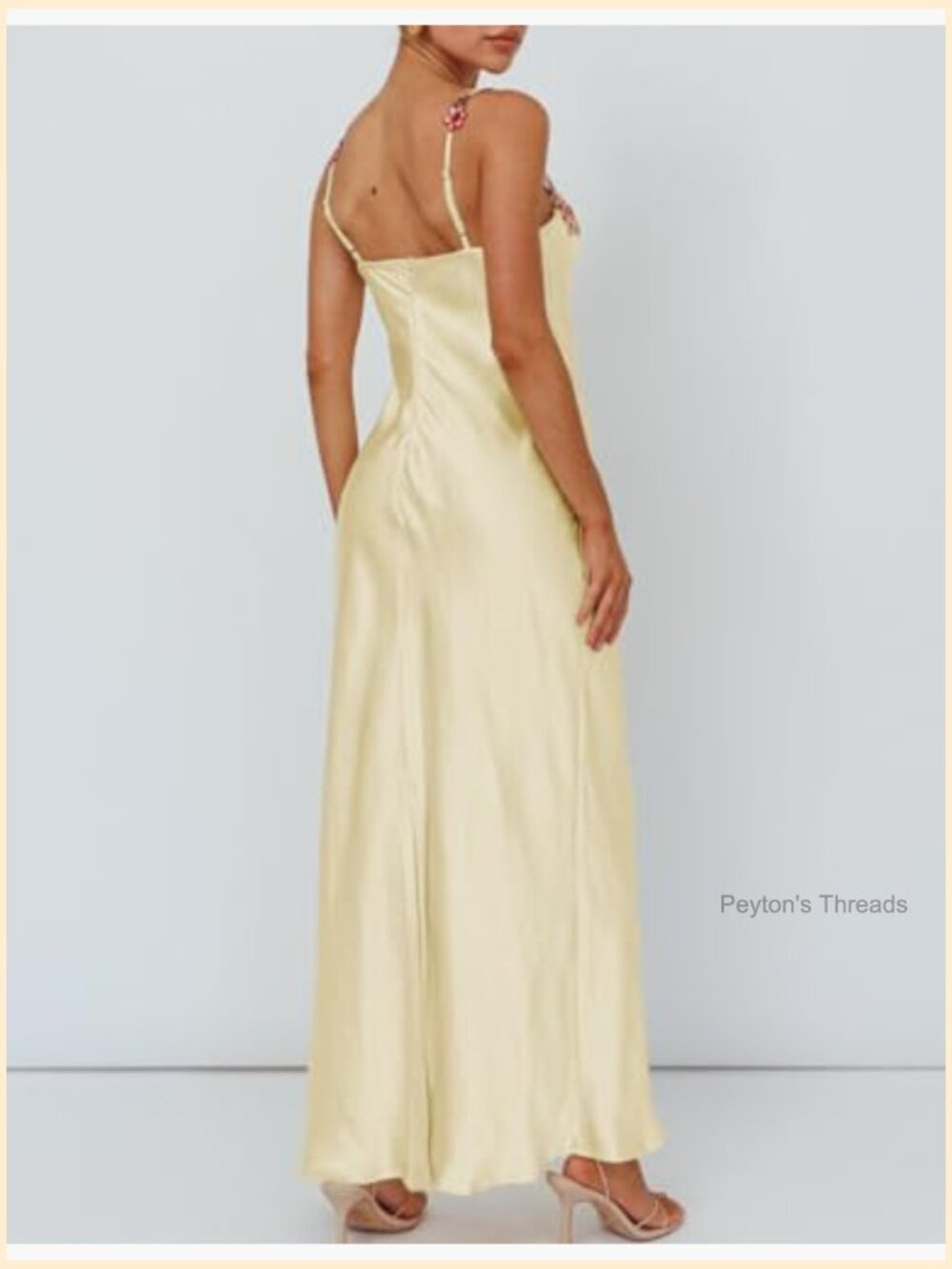 Satin Spaghetti Strap Floral Embroidered Maxi Dress Sweetheart Backless Slit - Picture 4 of 7